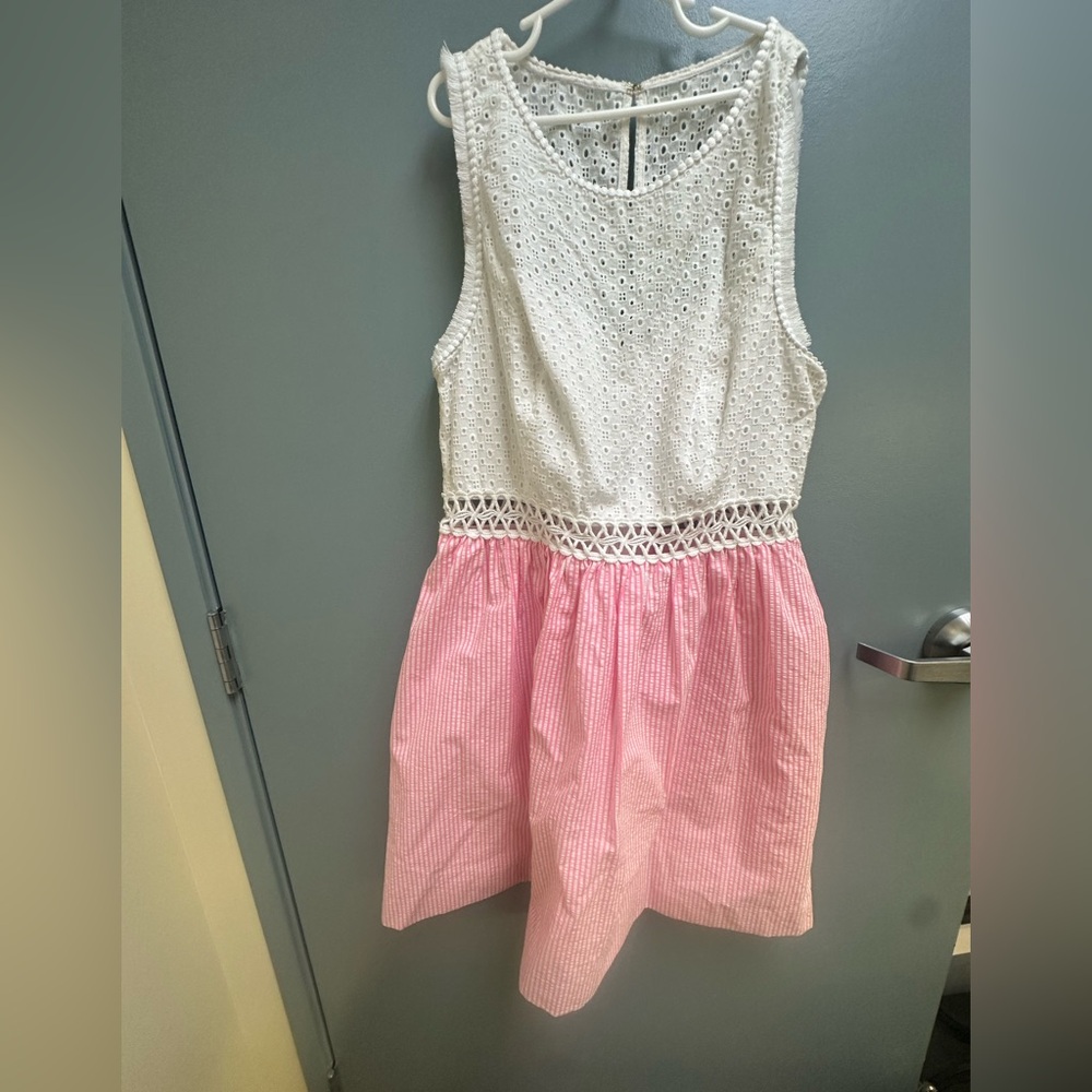 Lilly Pulitzer Alivia Havana pink yarn dye seersucker White Eyelet Dress